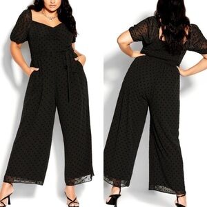 NWT City Chic Spot About Puff Sleeve Tie Waist Jumpsuit in Black